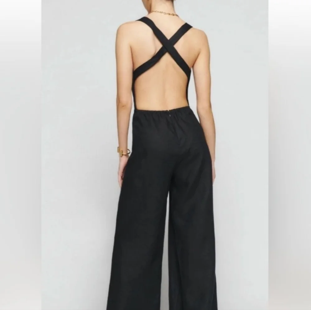 Reformation Linen Wide Leg Autumn Jumpsuit Black 2
